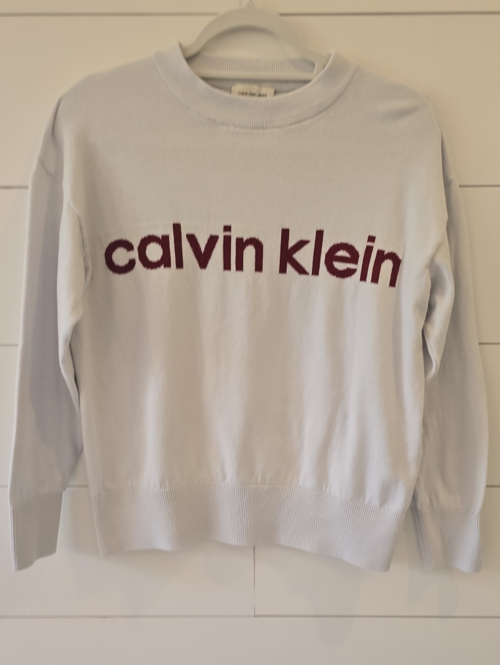 Calvin Klein White Crewneck Sweater with Burgundy Logo